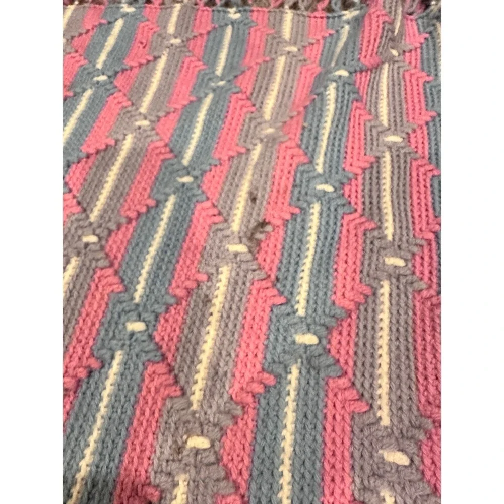 Handmade Crochet Blanket Throw Pink Blue Gray White Striped‎ Afghan Cottage